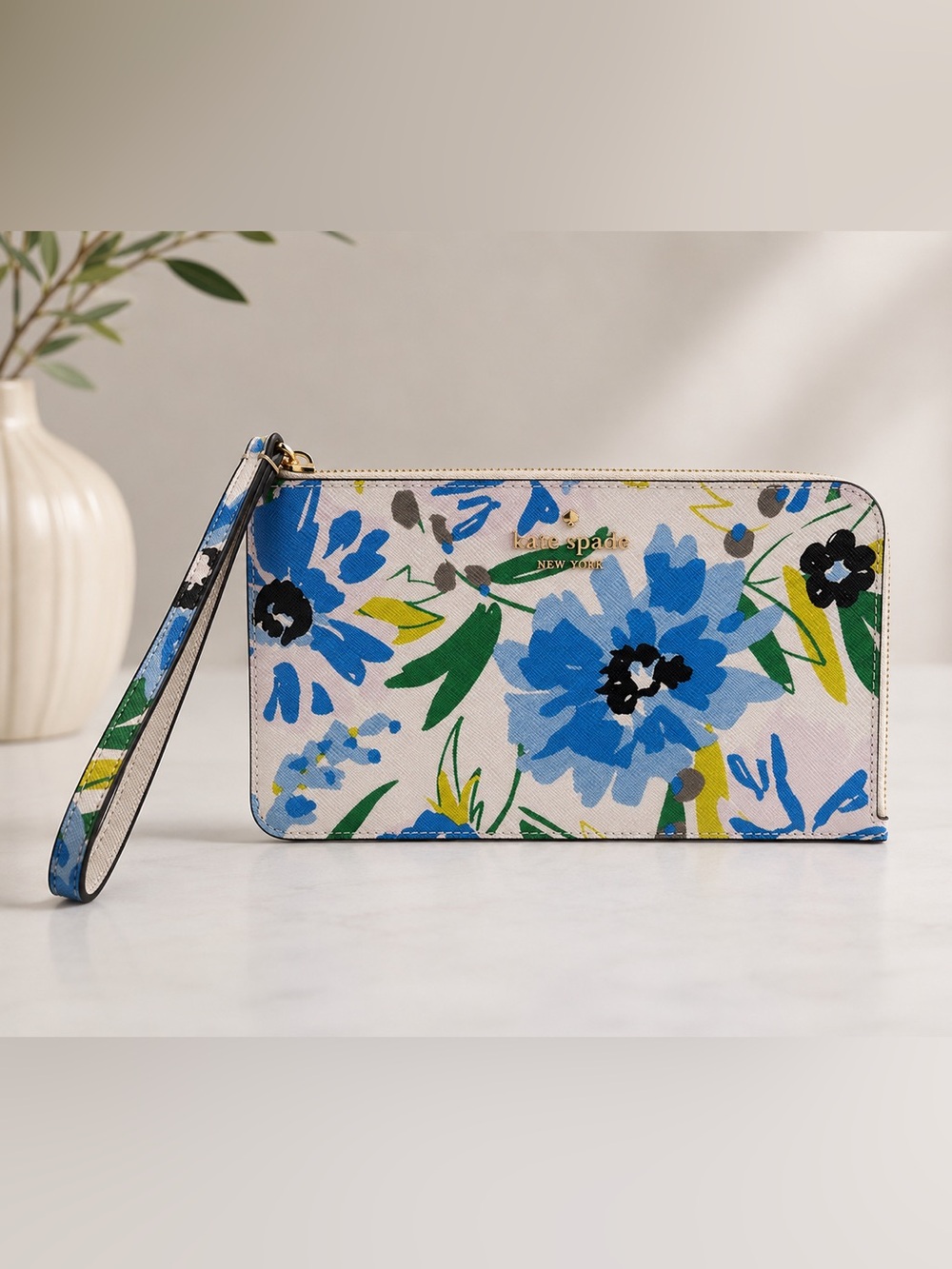 kate spade Blue Floral Zip Wristlet with Gold Logo